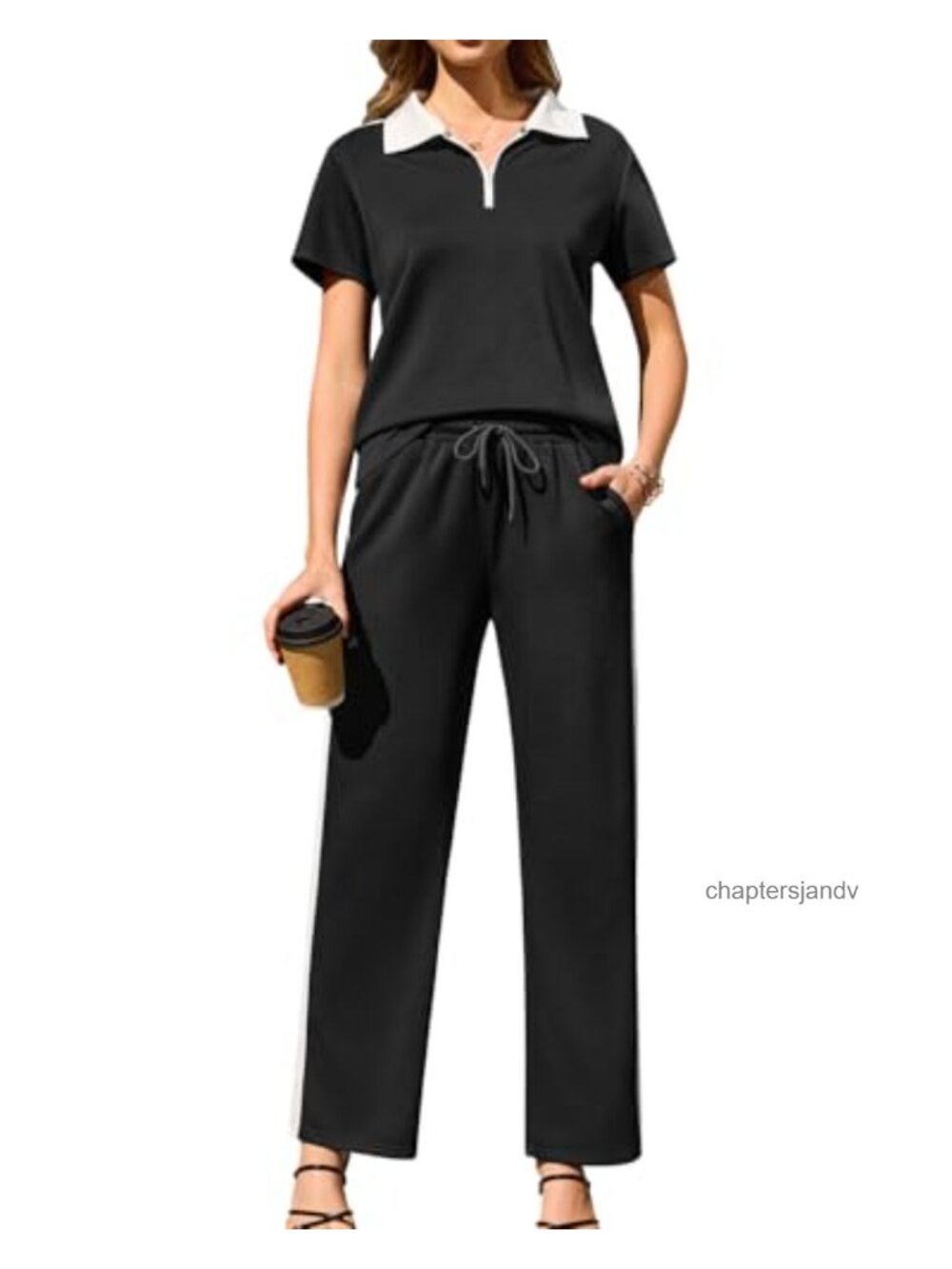 Women's 2 Piece Lounge Set Short Sleeve Zip Top & Pants Tracksuit